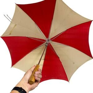 Vintage Red / White Umbrella W/ Wood Handle / Metal Frame Golf Umbrella? - 40”